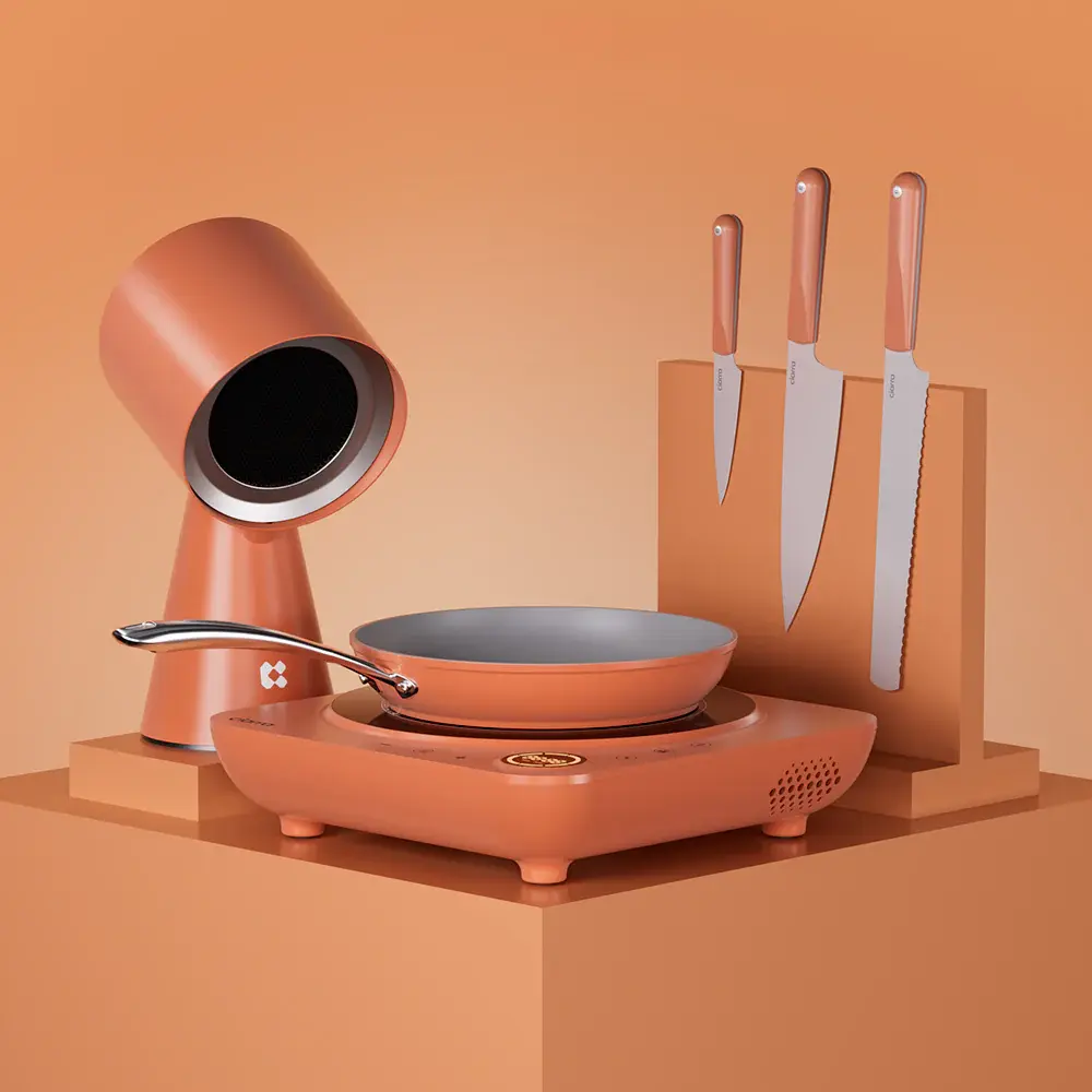 Kitchen Cook Set: Donut Portable Induction Cooktop & 3-Piece Beyond Trio Knife Place & Frying Pan & Portable Range Hood