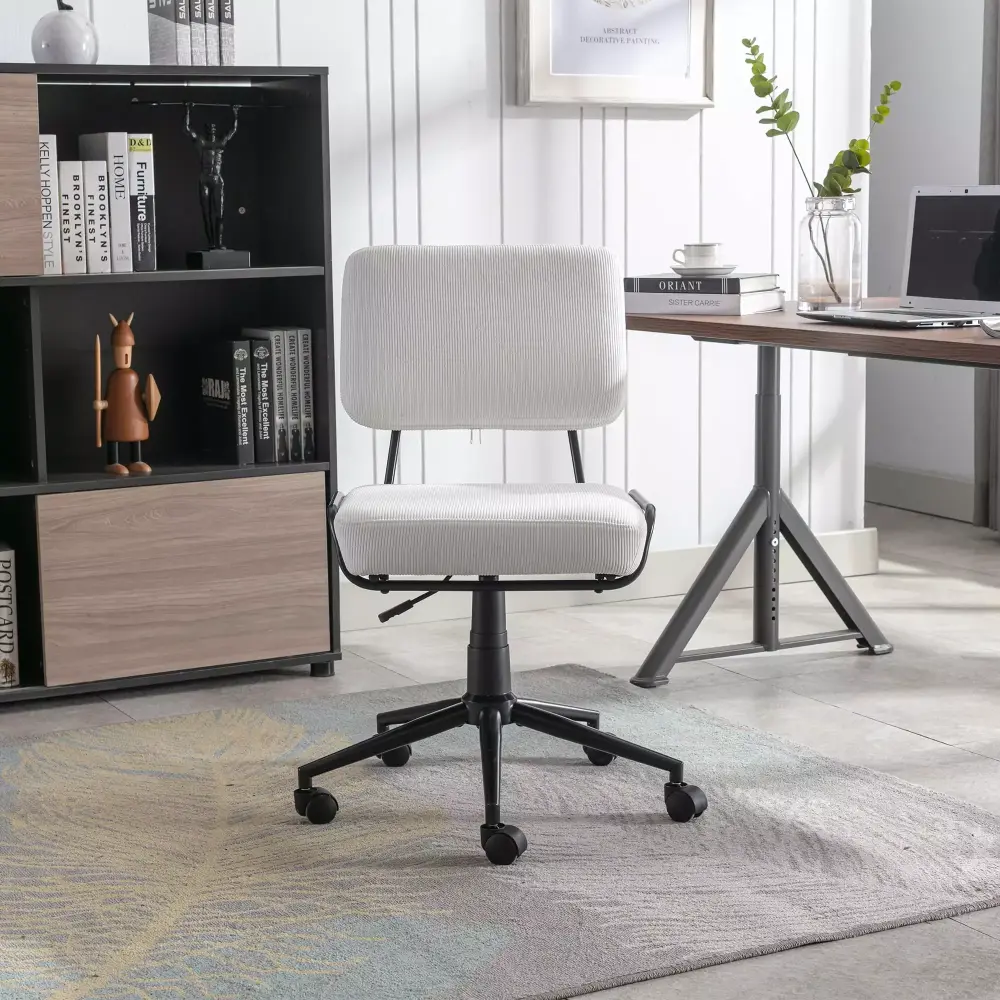 Corduroy Desk Chair Task Chair Home Office Chair Adjustable Height Swivel Rolling Chair White MMTX