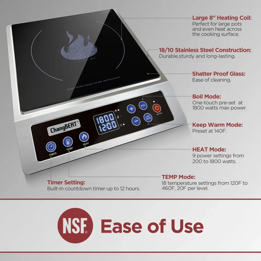Portable Induction Cooktop, NSF Certified Pro Induction Hot Plate, Powerful 1800W Generous 8" Heating Coil, 18/10 Stainles...