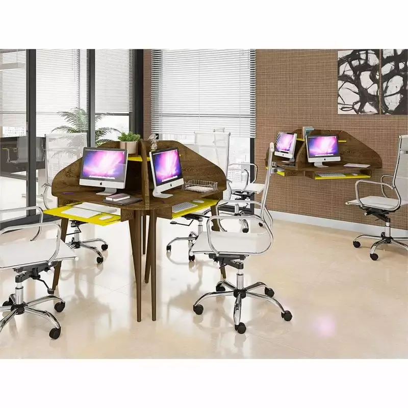 Bradley Floating 2-Piece Cubicle Section Desk Keyboard Shelf Rustic Brown Yellow Manhattan Comfort