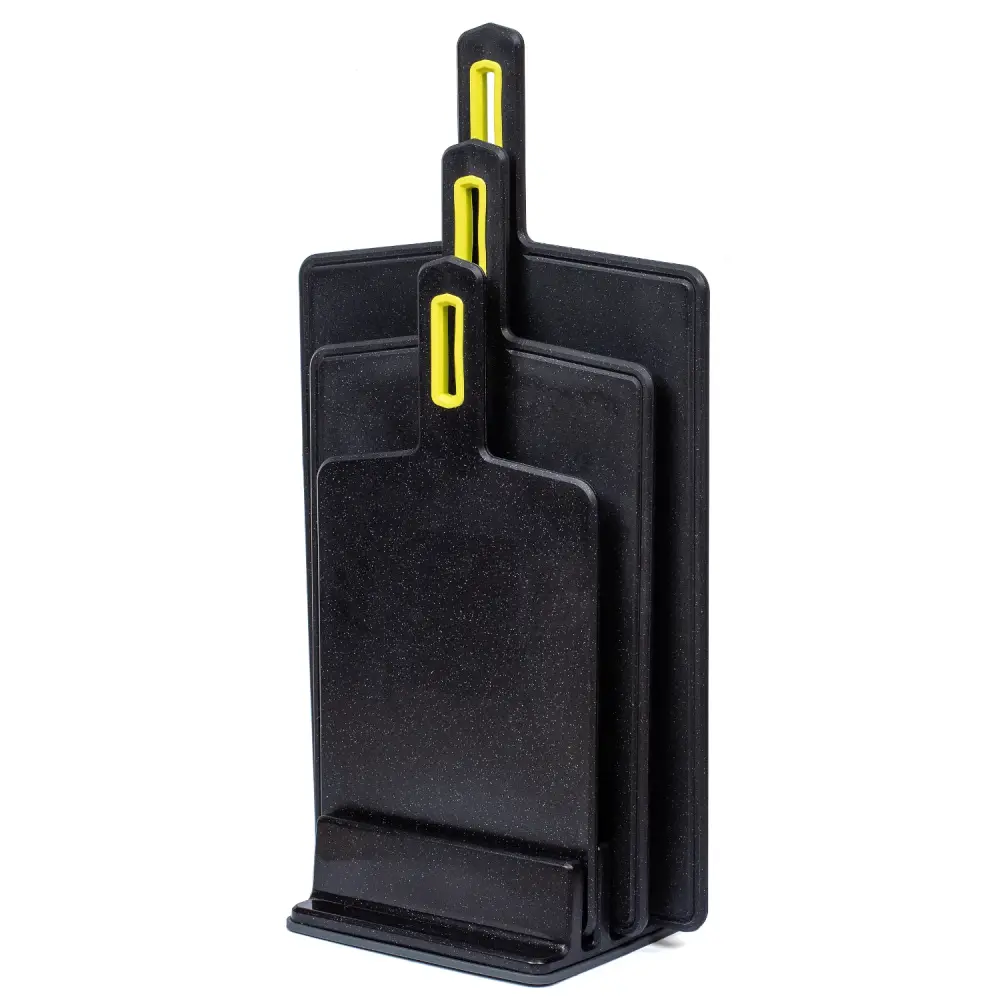 Ergonomic Turner Practic cutting board set, featuring three sizes, ensures versatility food prep tasks. Crafted sleek blac...