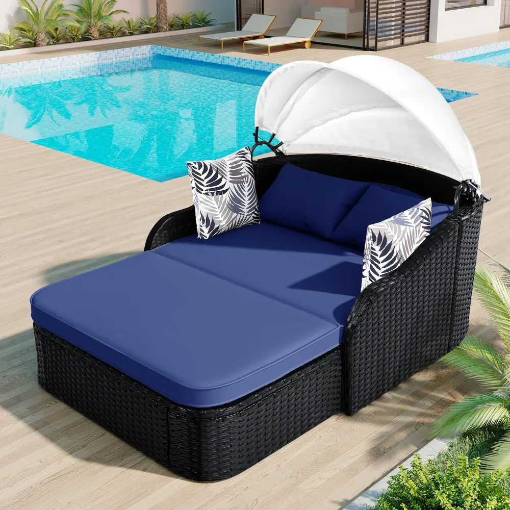 Outdoor Sunbed Adjustable Canopy, Daybed Pillows, Dual Lounge, PE Rattan Daybed