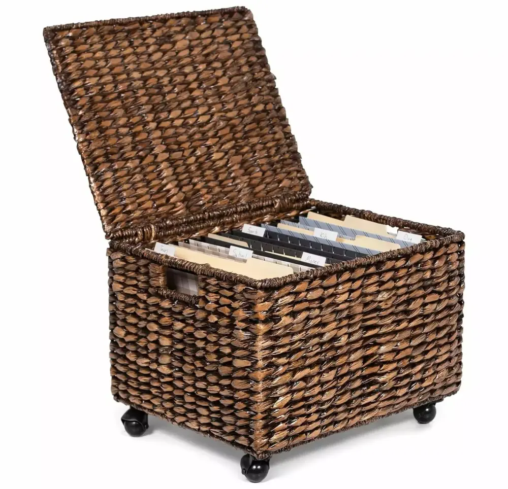 CintBllTer Rolling File Cabinet Lid Brown Wash Natural Seagrass Storage Organizer Box Home Office Decor