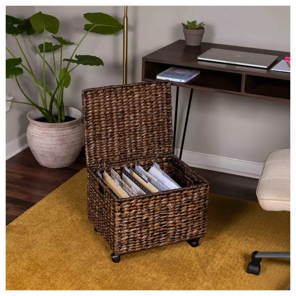 CintBllTer Rolling File Cabinet Lid Brown Wash Natural Seagrass Storage Organizer Box Home Office Decor