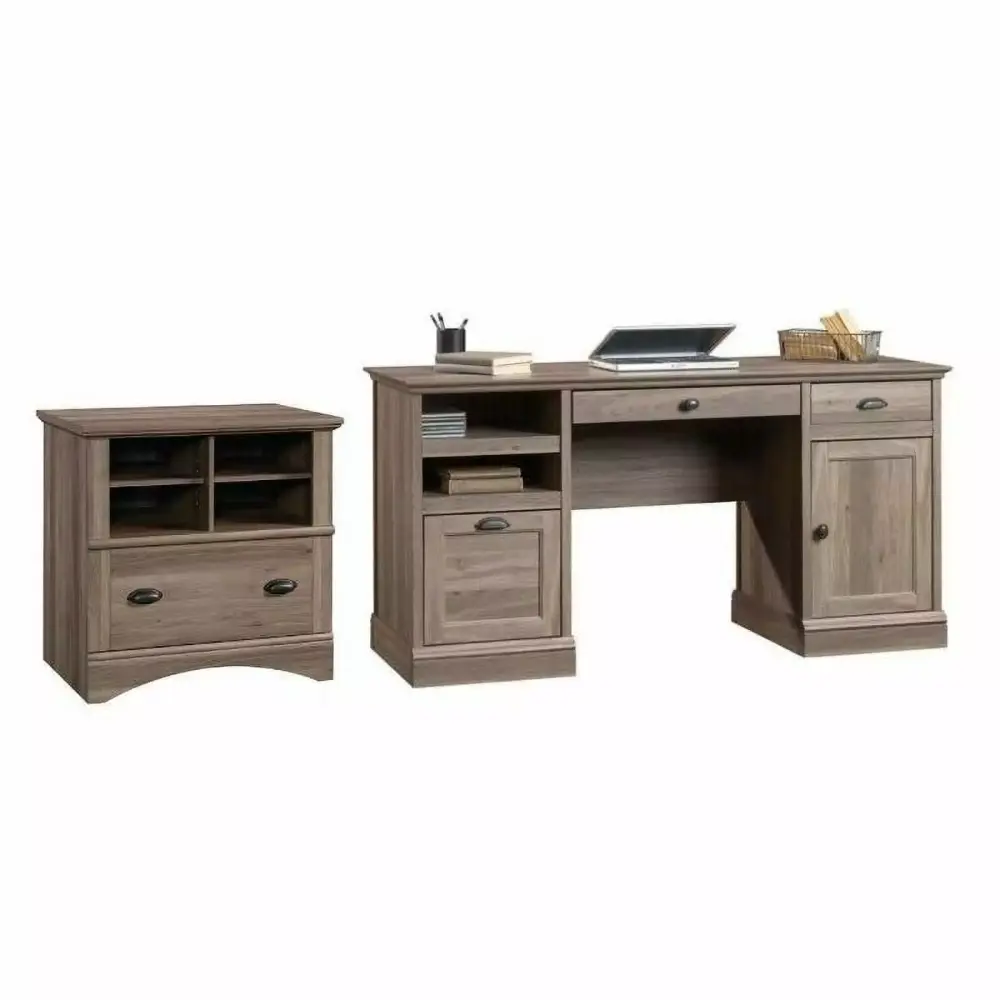 Sauder 2PC Office Set Executive Desk and Lateral File Cabinet Salt Oak