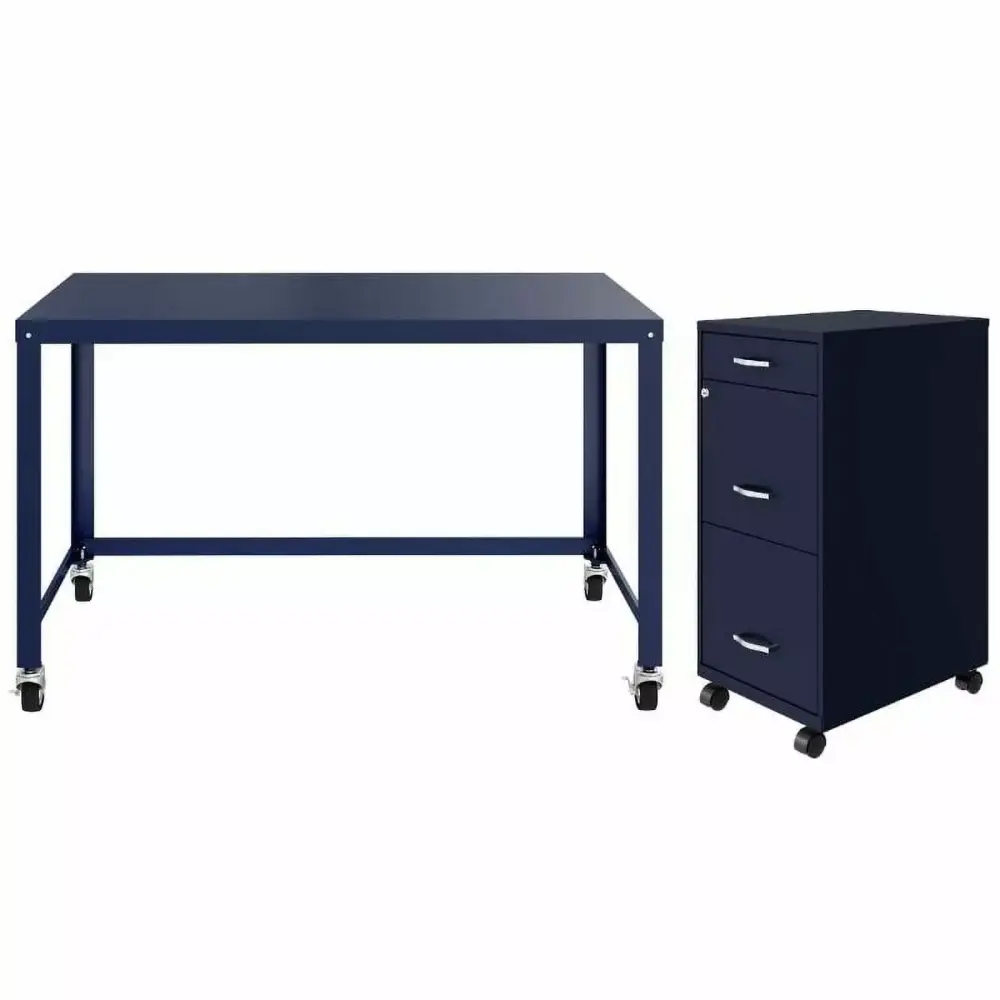 Home Square 2-Piece Set Mobile Desk & 3 Drawer File Cabinet Navy Home Office