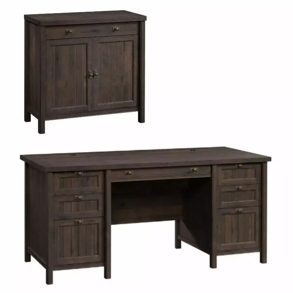 Home Square 2-Piece Set Executive Desk and Library Base Cabinet Coffee Oak