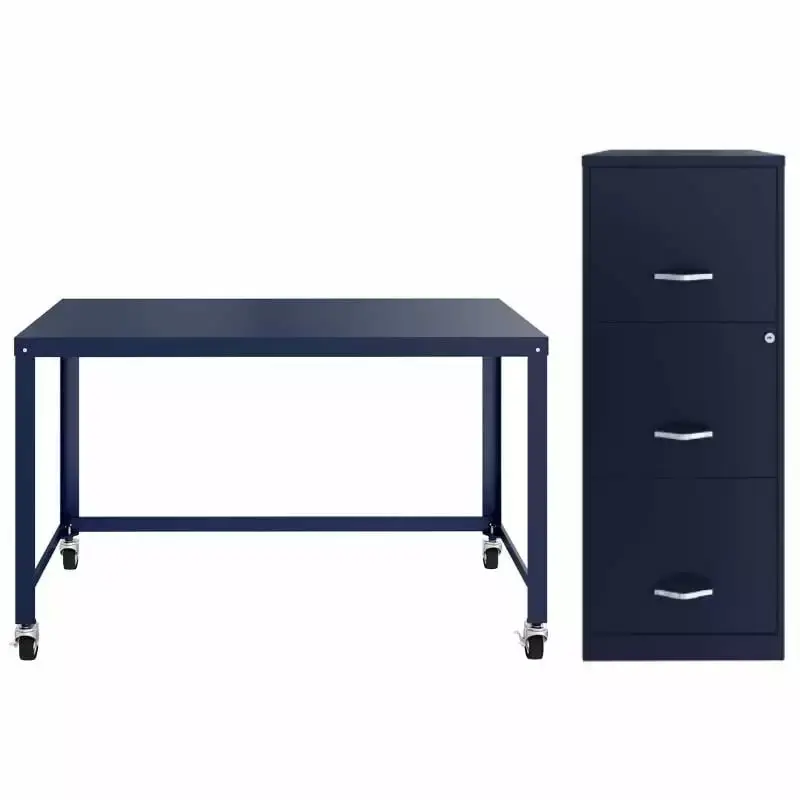 Home Square 2-Piece Set Mobile Desk and 3 Drawer File Cabinet Lock