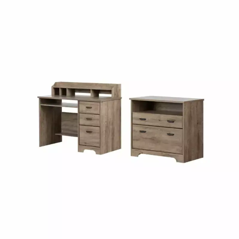 South Shore Weathered Oak Versa Desk Hutch and File Cabinet Set