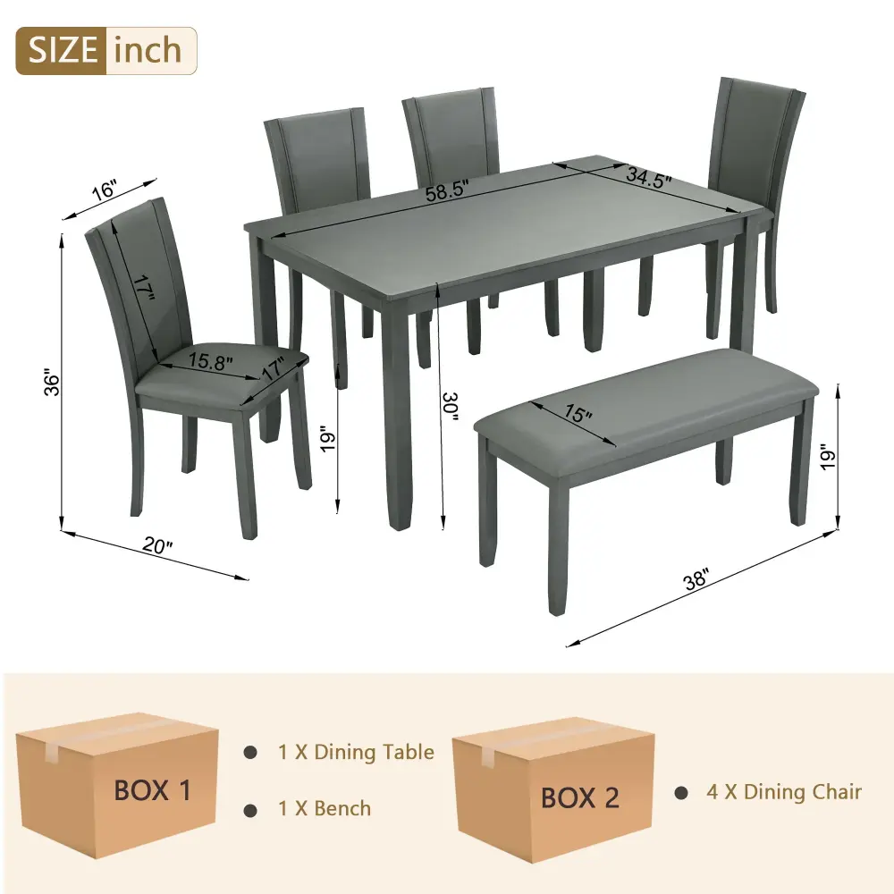 Sleek 6 Piece Dining Table Set Bench And Chairs Dining Room Or Kitchen - Gray