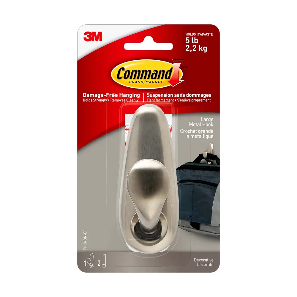 Command Brushed Nickel & Large Alloy Hook «Forever Classic», 5 lb (2.3 kg), 1 Hook, 2 Strips per Pack