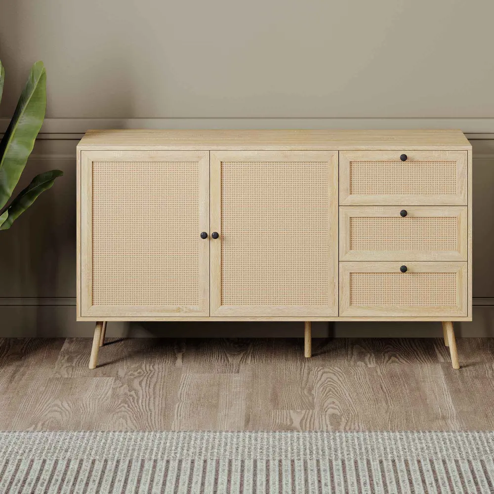 Natural Wood Look Chest Drawers 2 Doors and 3 Drawers, 55'' x 16'' x 31.5''