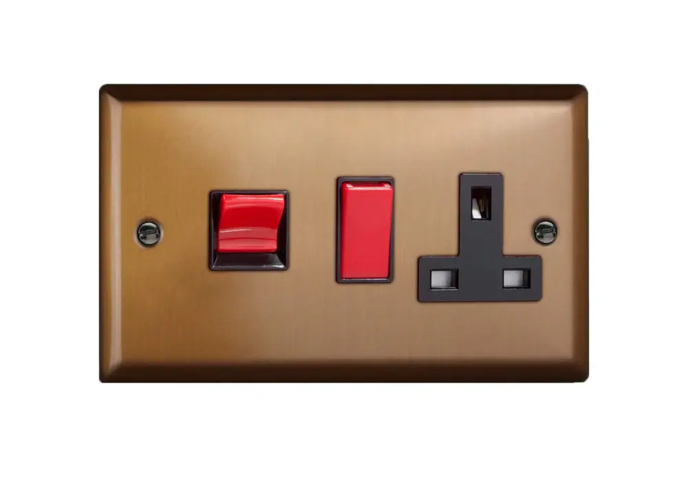 Varilight Urban Brushed Bronze Cooker Panel 45 Amp Ruby Cooker Switch and 13A Switched Socket Black Insert