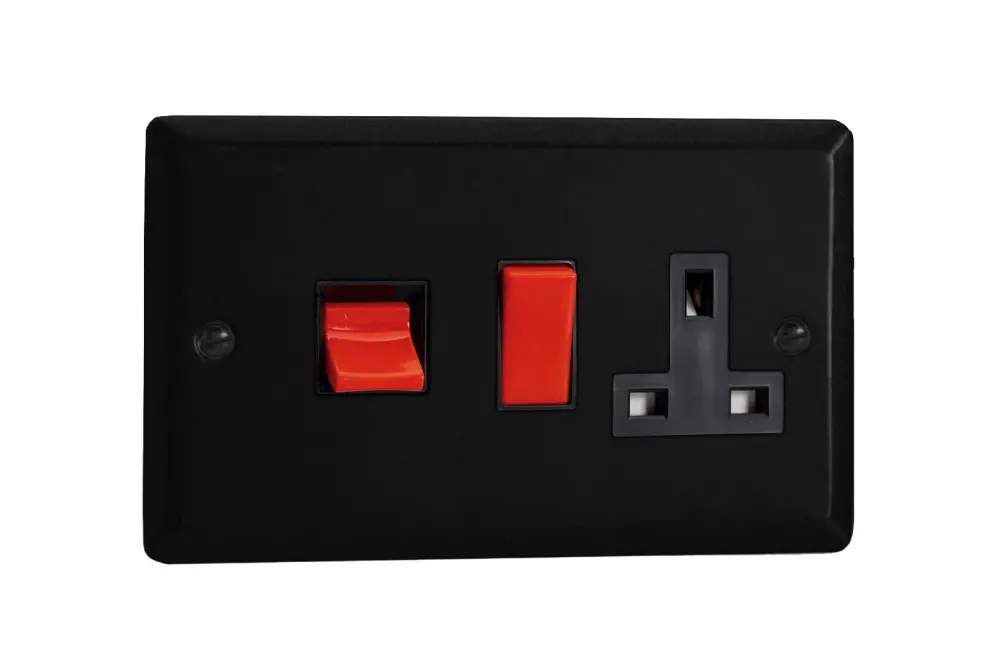 Varilight Urban Matt Black Cooker Panel 45 Amp Red Cooker Switch and 13A Switched Socket Onyx Insert