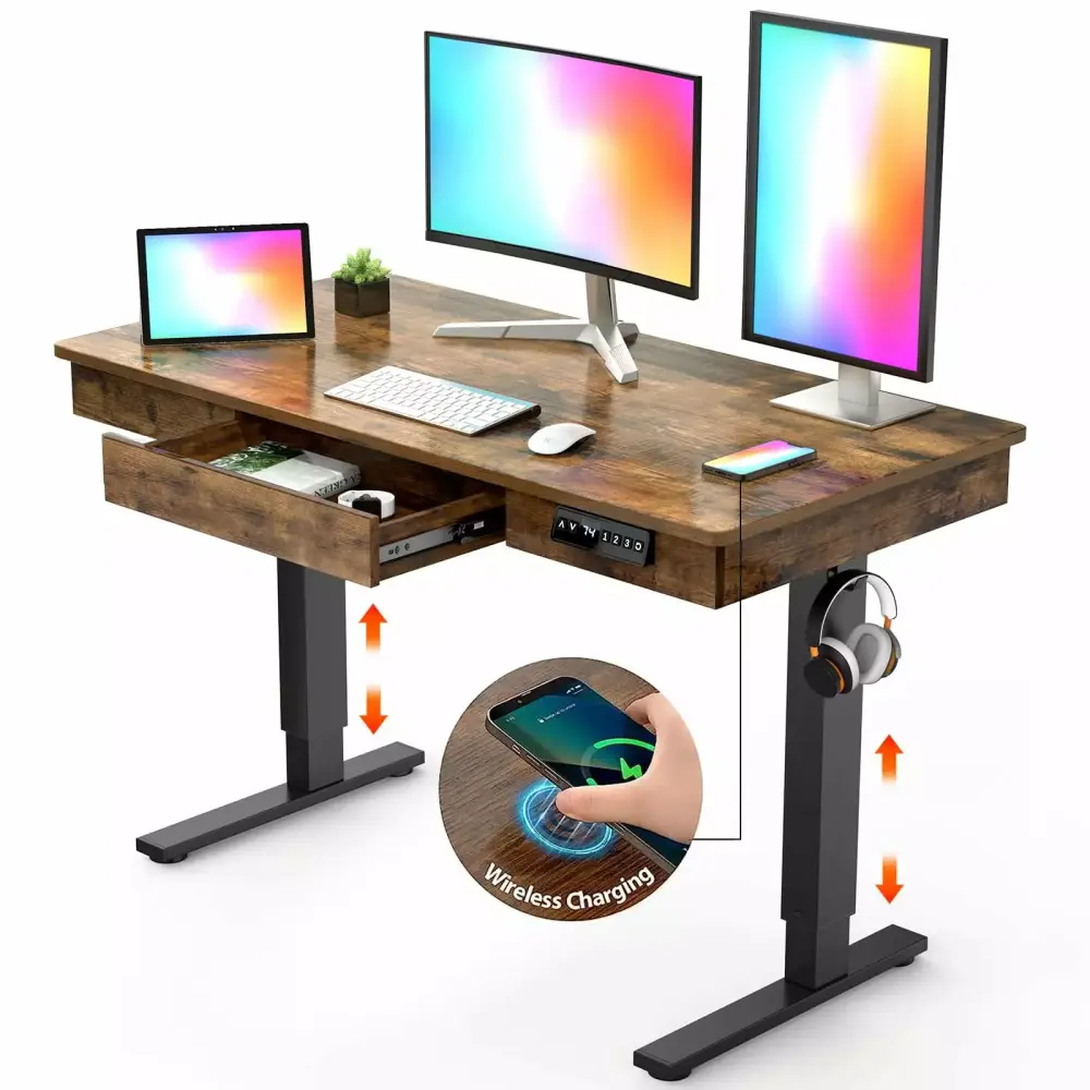 Electric Standing Desk 48 x 24 Drawer 12W Wireless Charging Memory Height Adjustable Emfogo