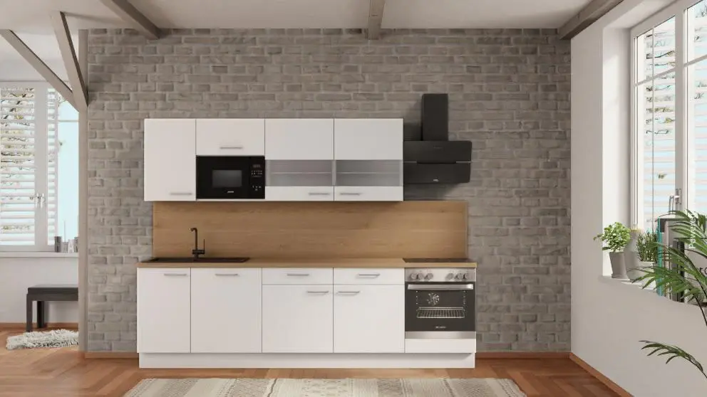 Compact Design nobilia kitchen Bocholt 285 cm alpine white non-glossy kitchen affordable oak Provence e-devices