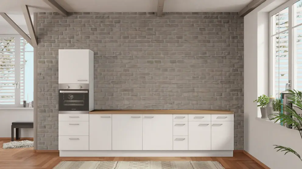 Energy Efficient nobilia kitchen Alsdorf 345 cm pearl oak Provence fitted kitchens electrical appliances