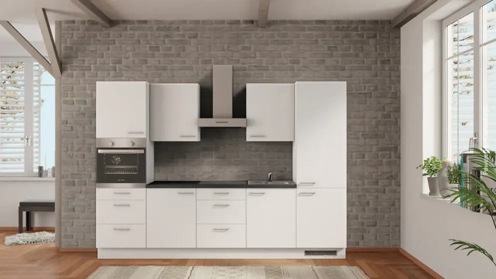 nobilia office kitchen Rodgau 300 cm white satin concrete slate gray electrical appliances