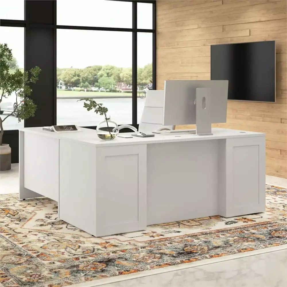 Hampton Heights 72W Executive L Desk Drawers White Engineered Wood BBF