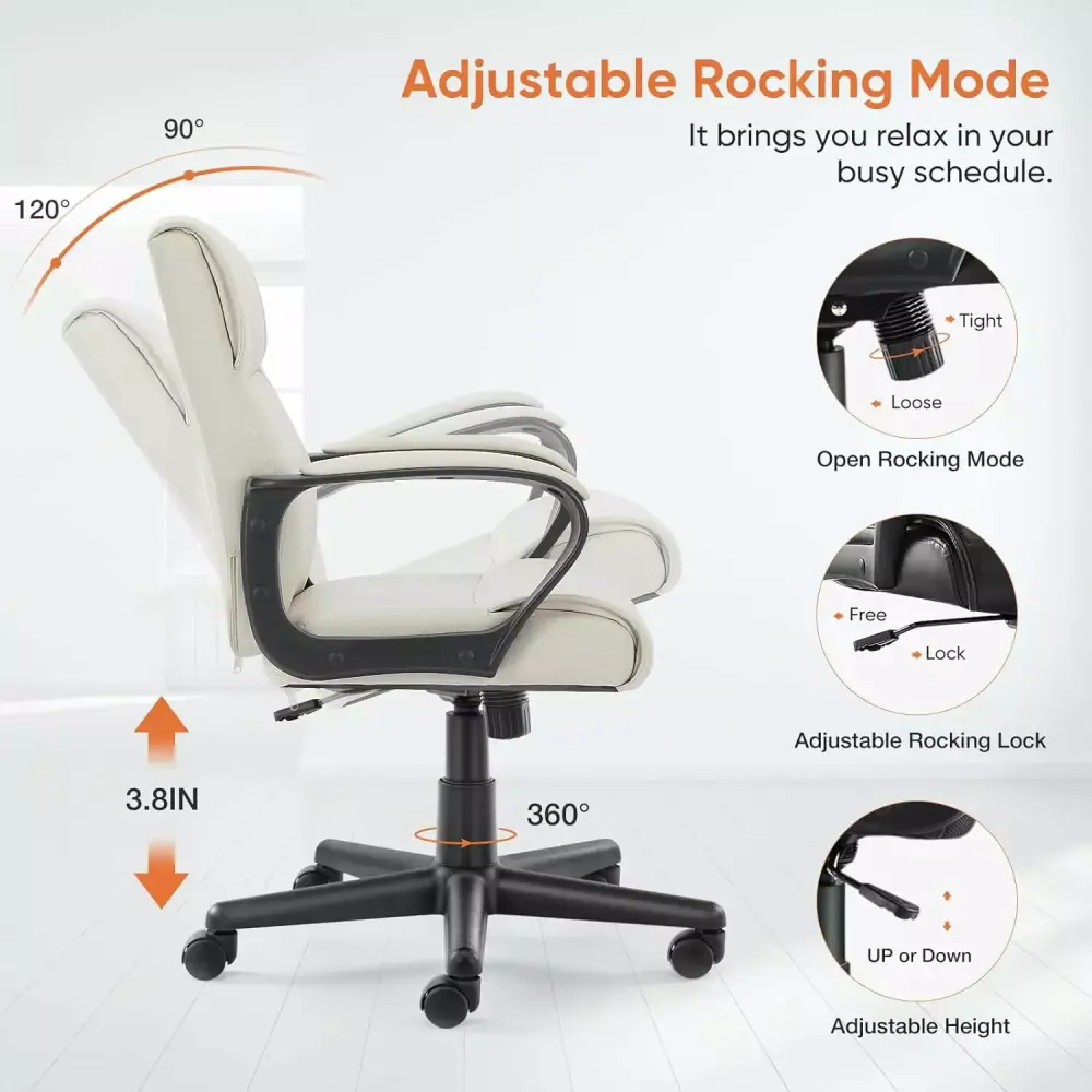 KPUY Ergonomic Desk Chair Padded Armrests Mid Back Lumbar Support Adjustable Height & Tilt Angle Task Chair White