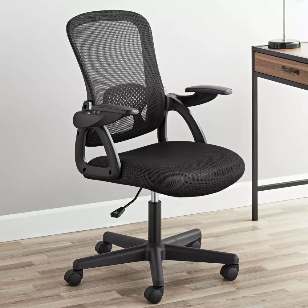 Mainstays Ergonomic Mesh Back Task Office Chair Flip-up Arms Black Fabric 275 lb