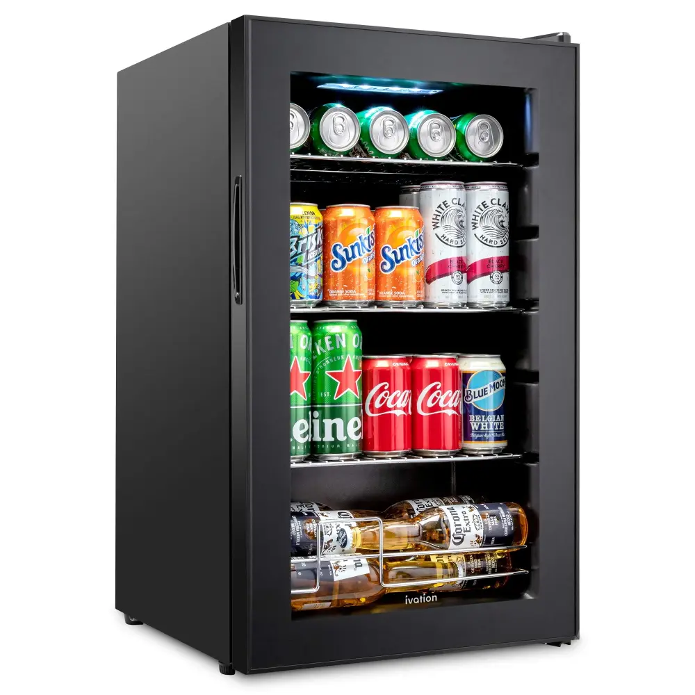 Ivation 101 Can Beverage Refrigerator, Freestanding Mini Fridge Glass Door - Jet-black