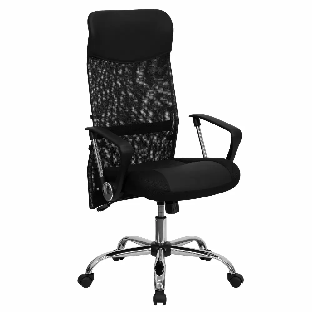BizChair High Back Black Leather Mesh Swivel Task Office Chair Arms