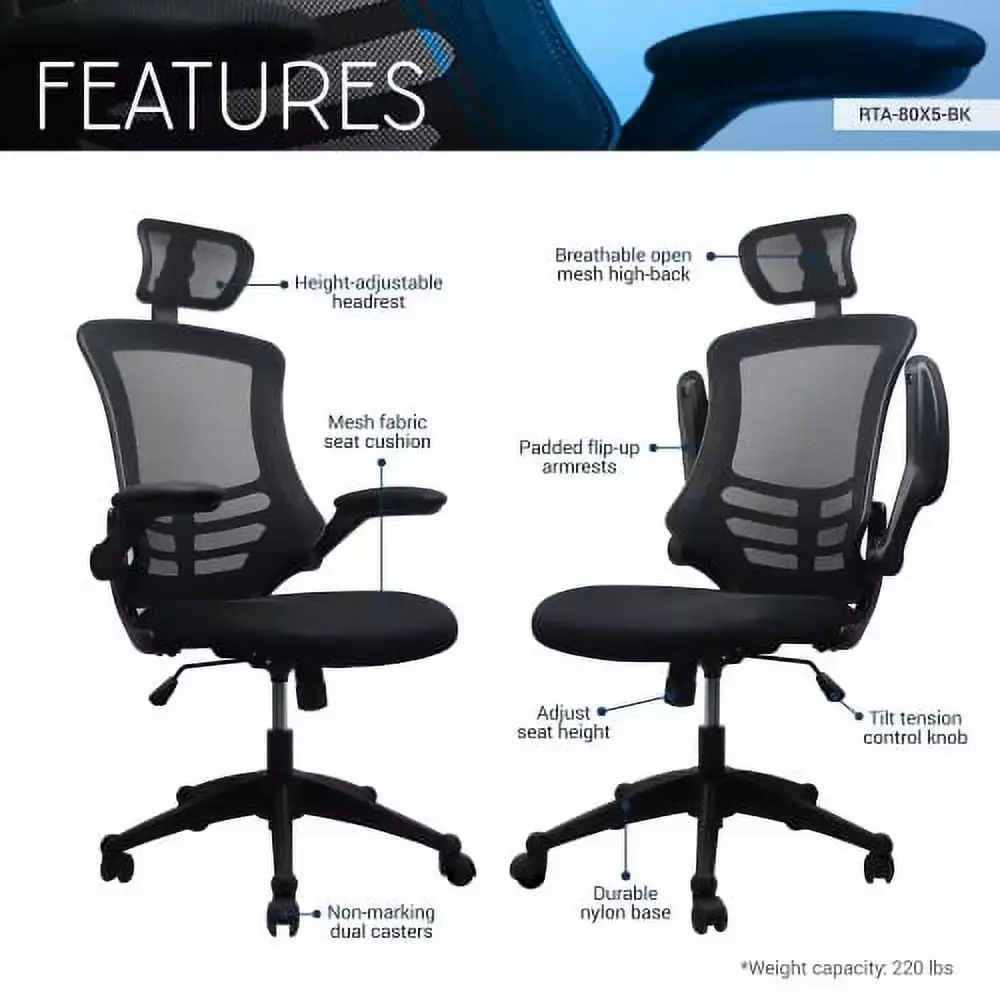 High-Back Black Mesh Swivel Ergonomic Executive Office Chair Flip-Up Arms and Adjustable Headrest Triple Tree