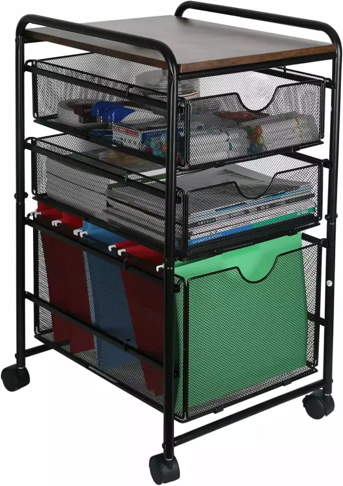 Mesh Rolling File Storage Drawer Carts 4 Swivel Casters Letter Size Filing Cube Organizer 2 Drawers Black Q&Q