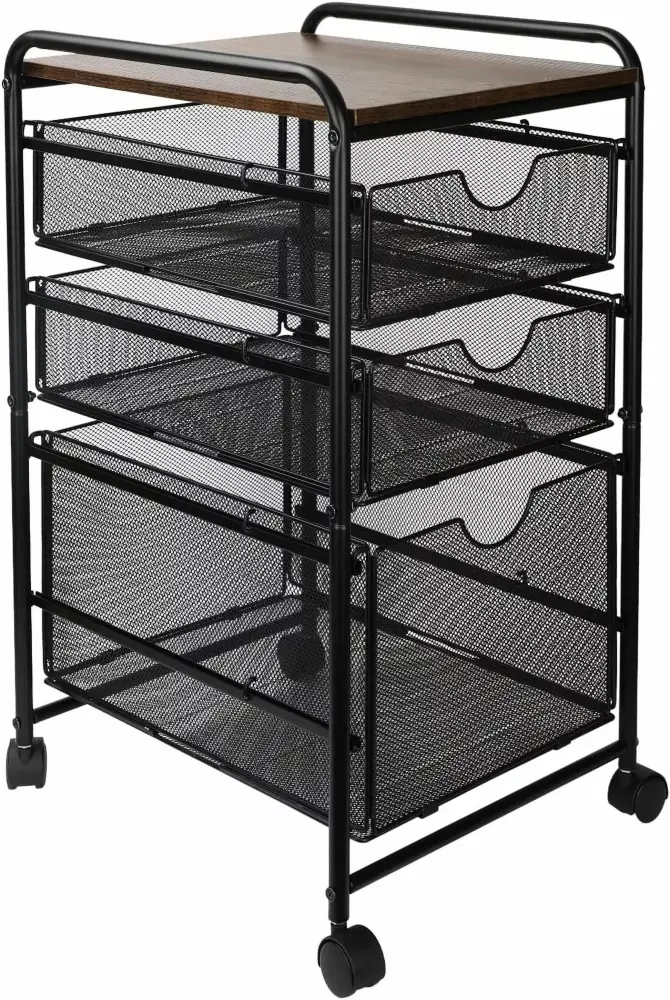 Mesh Rolling File Storage Drawer Carts 4 Swivel Casters Letter Size Filing Cube Organizer 2 Drawers Black Q&Q