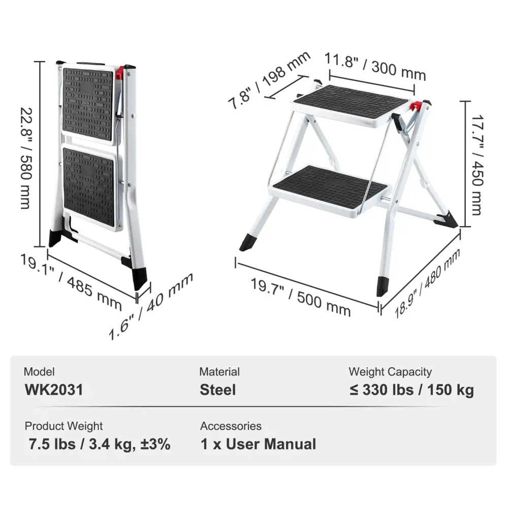 Liberti Steel 2-Step Folding Stool, Carry-along Safety Ladder, 150kg Load ladder