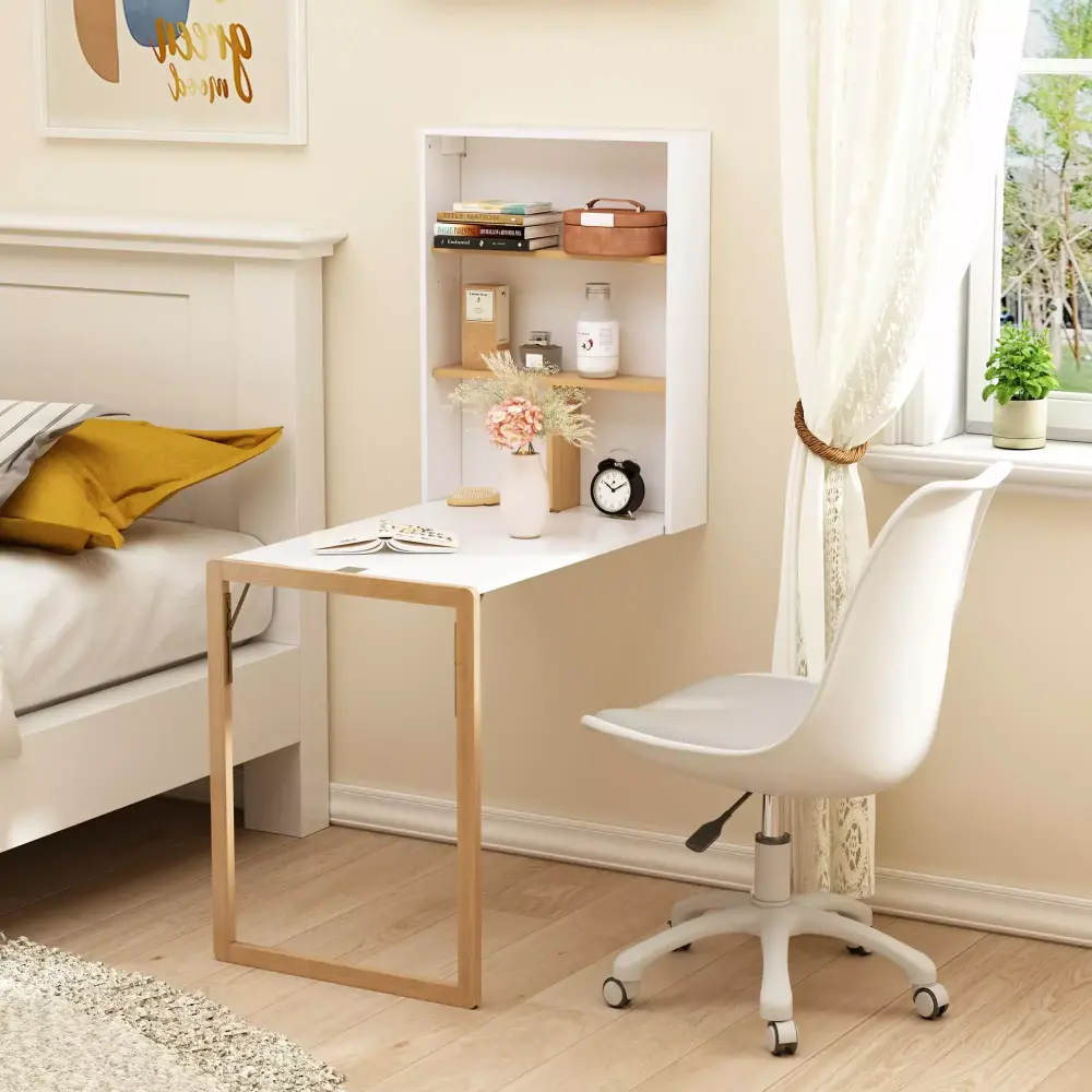 HLR Fold Down Wall Desk Chalkboard Floating Writing Table Shelves Home Office