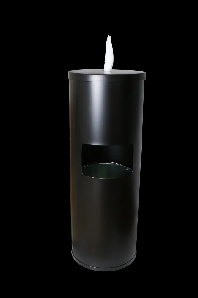 Black Stainless Metal Floor Stand Wipe Dispenser Built- Trash Can