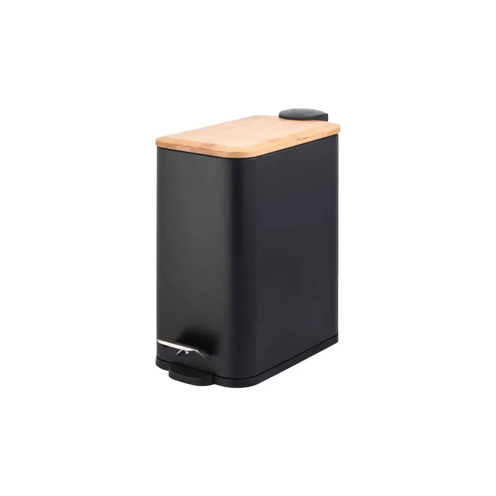 Rectangular Black Steel and Bamboo Step on Garbage Can, 5 L