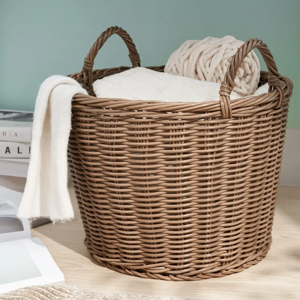 Round Cone Woven Resin Wicker Basket Handles Versatile Storage - Walnut Espresso