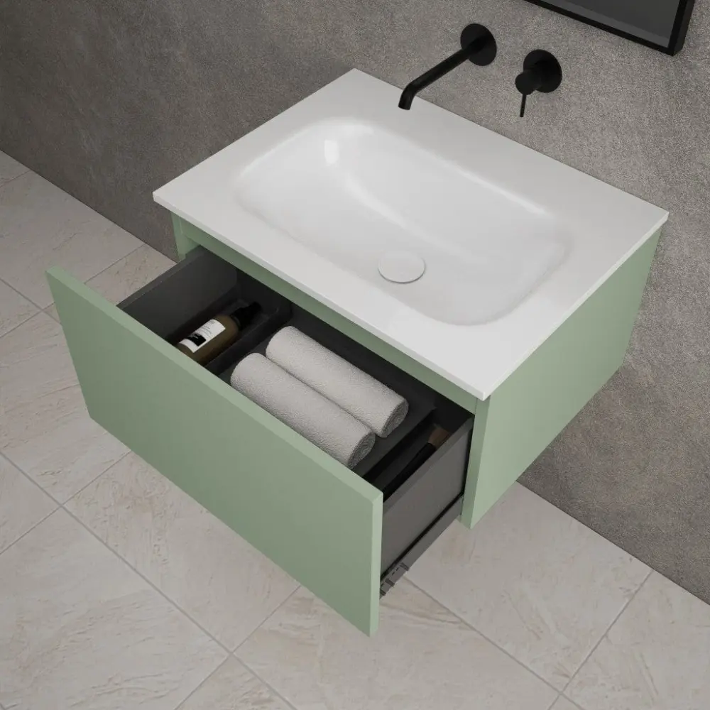 Raffinata One Drawer Vanity Unit Beyondstone Basin - Matt Portable Green 600mm