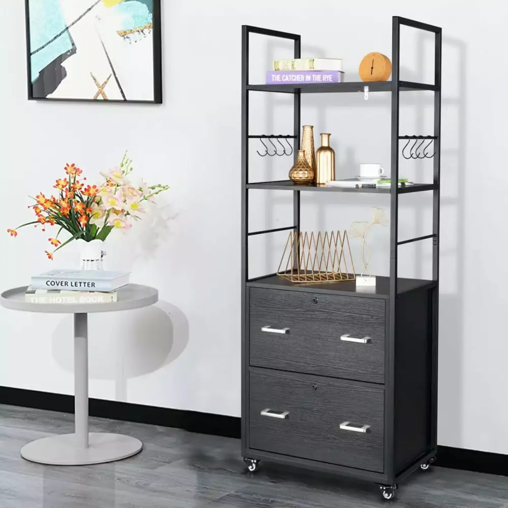 BIZFURN 65.7H Wood Black 2-Drawer File Cabinet Lock and Shelves Office