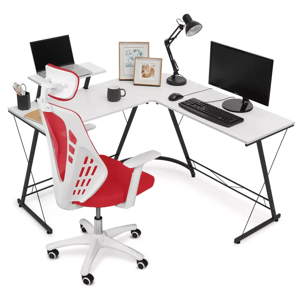 MoNiBloom Computer Desk & Chair Set L Shaped Gaming Desk Rolling Swivel Chair White