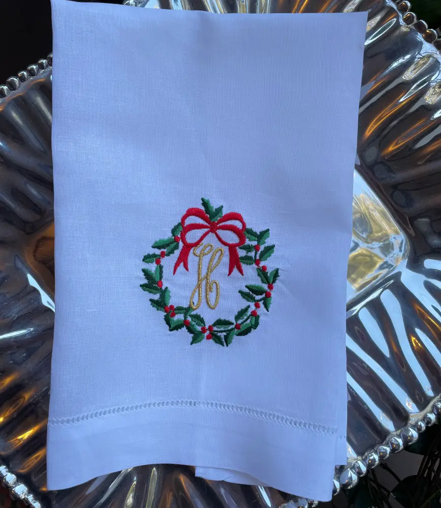 Outdoor Rated EMBROIDERED CHRISTMAS FLAX HAND or GUEST TOWEL WREATH
