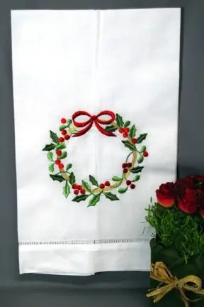 Outdoor Rated EMBROIDERED CHRISTMAS FLAX HAND or GUEST TOWEL WREATH