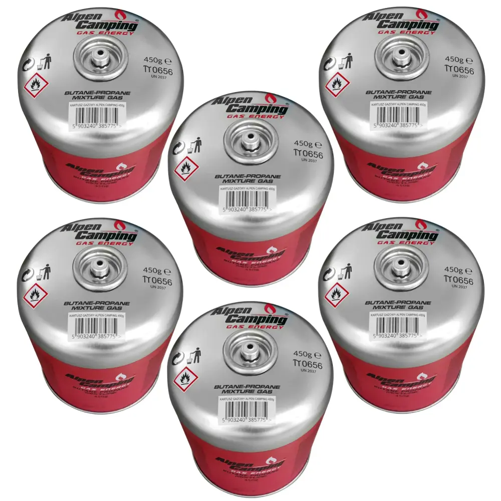 Alpen Camping 450g gas cartridge. certification: Pi 0437, complies EN417, propane-butane, range -10°c to+ 40°c, 7/16" IK...