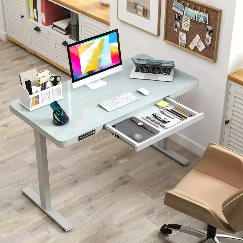 Laicejoy 48 x 24 Glass Standing Desk Drawers USB Type-C Ports Tempered Glass Top