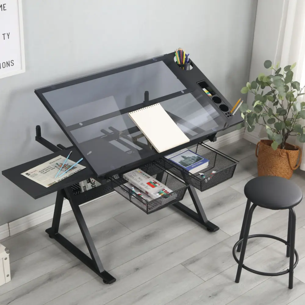 Adjustable Tempered Glass Drafting Printing Table Chair