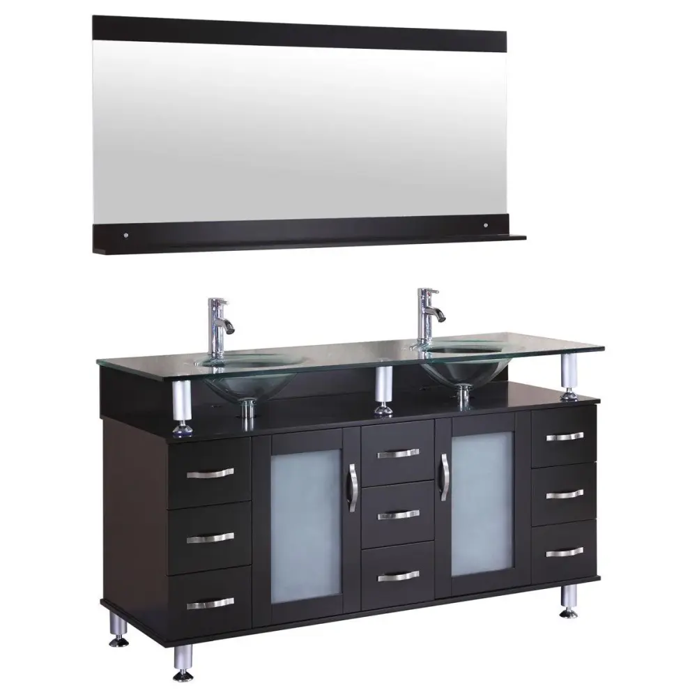 60" W Espresso Vanity Cabinet Set Glass Paired Sink Top and Mirror Style 1