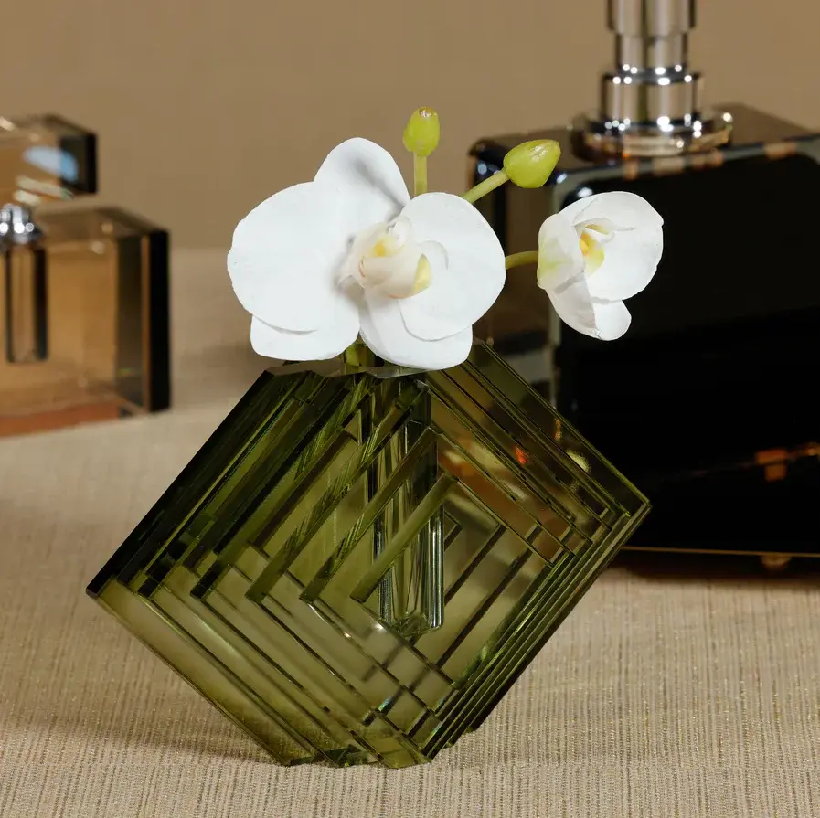 Stacked Concentric Diamond Motif Crystal Glass Vase, Emerald