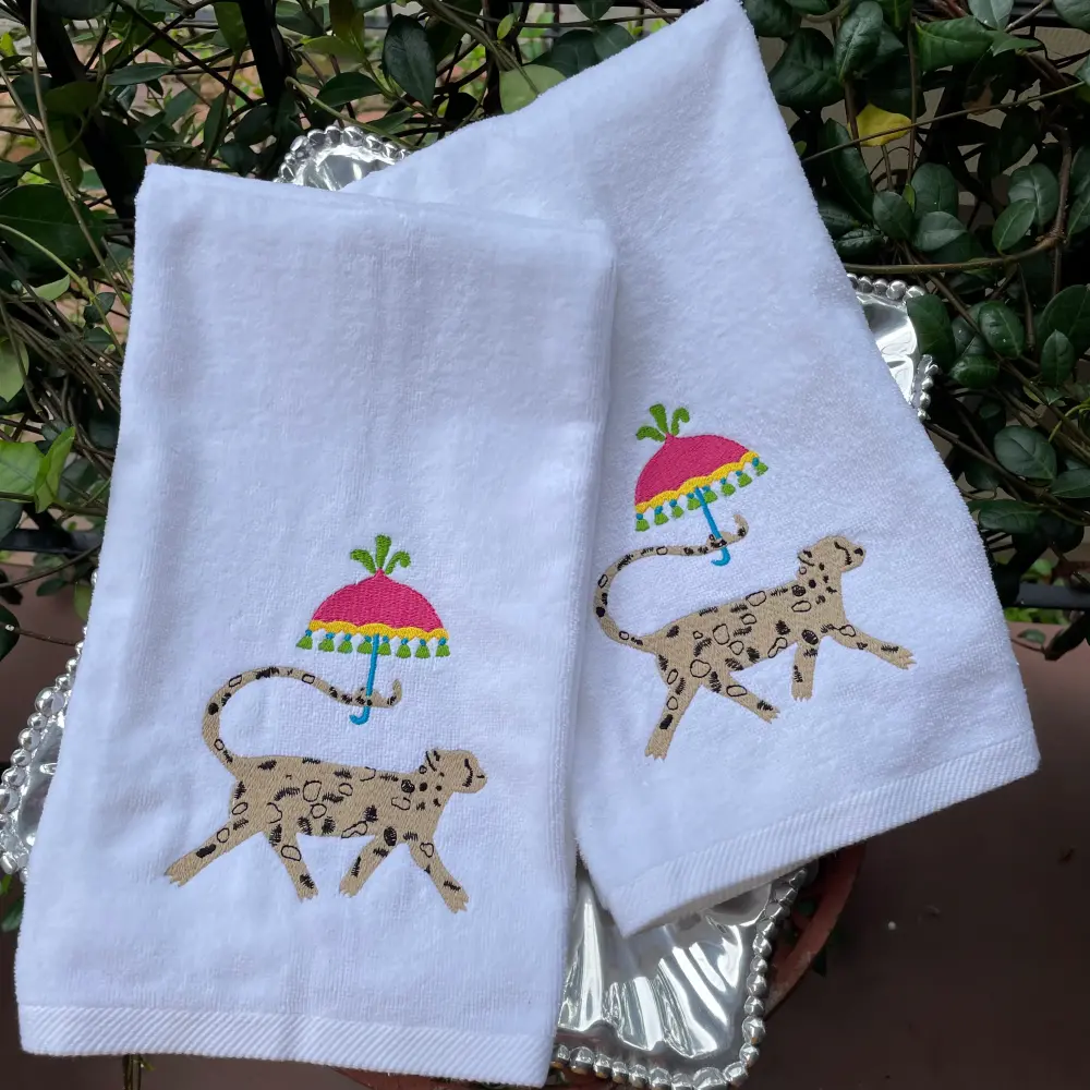 Luxury Hotel Quality EMBROIDERED CHEETAH & UMBRELLA TERRY HAND TOWEL