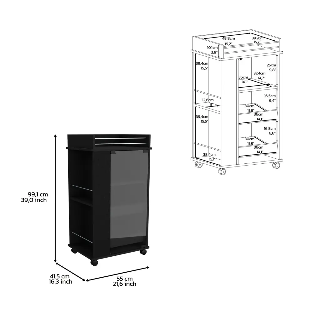 Bar Cart Glass Door, 2 Side Shelves And Casters - Jet-black Home Entertaining