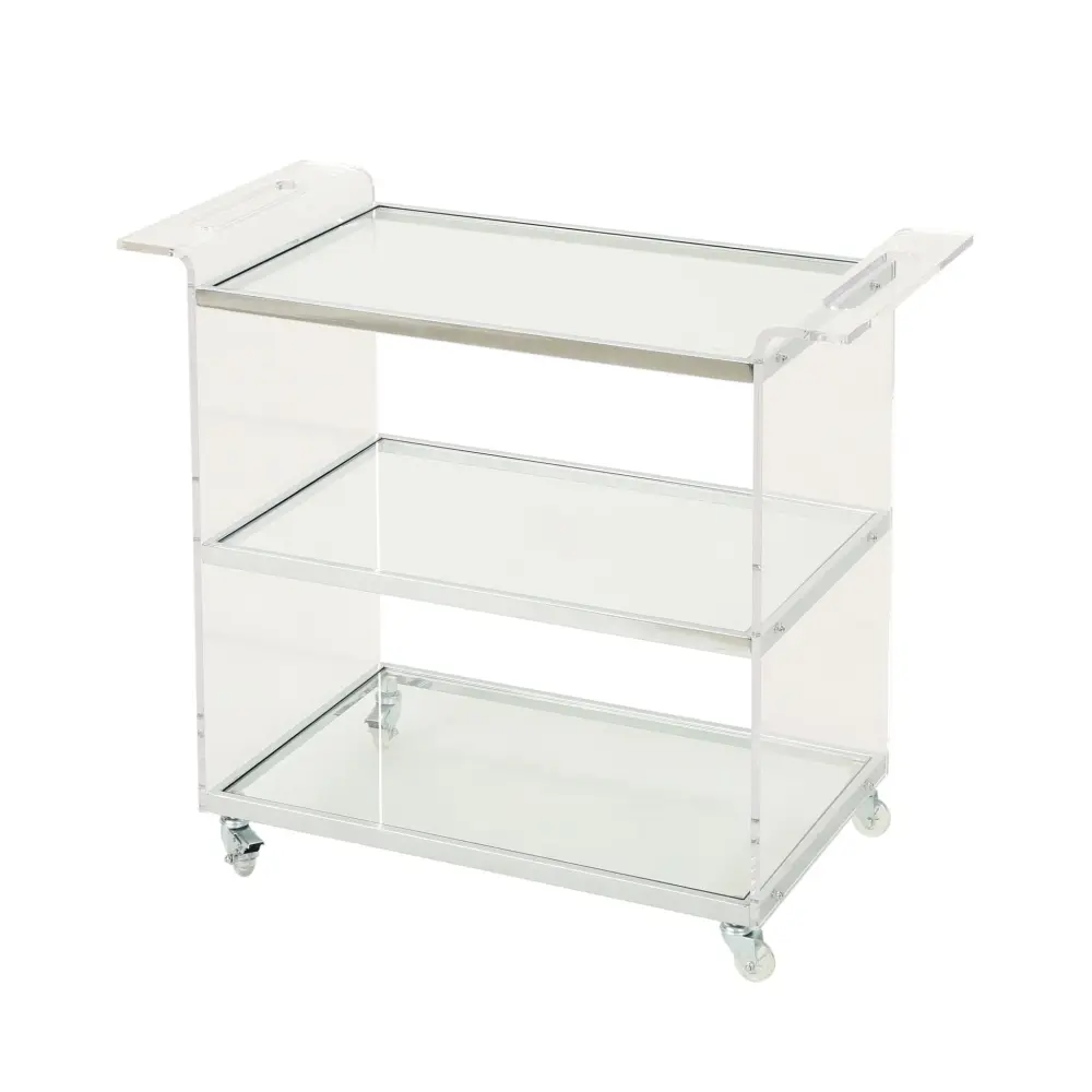 Elegant Acrylic Bar Cart Tempered Glass Shelves And Rattan All-metal Frame - Clear
