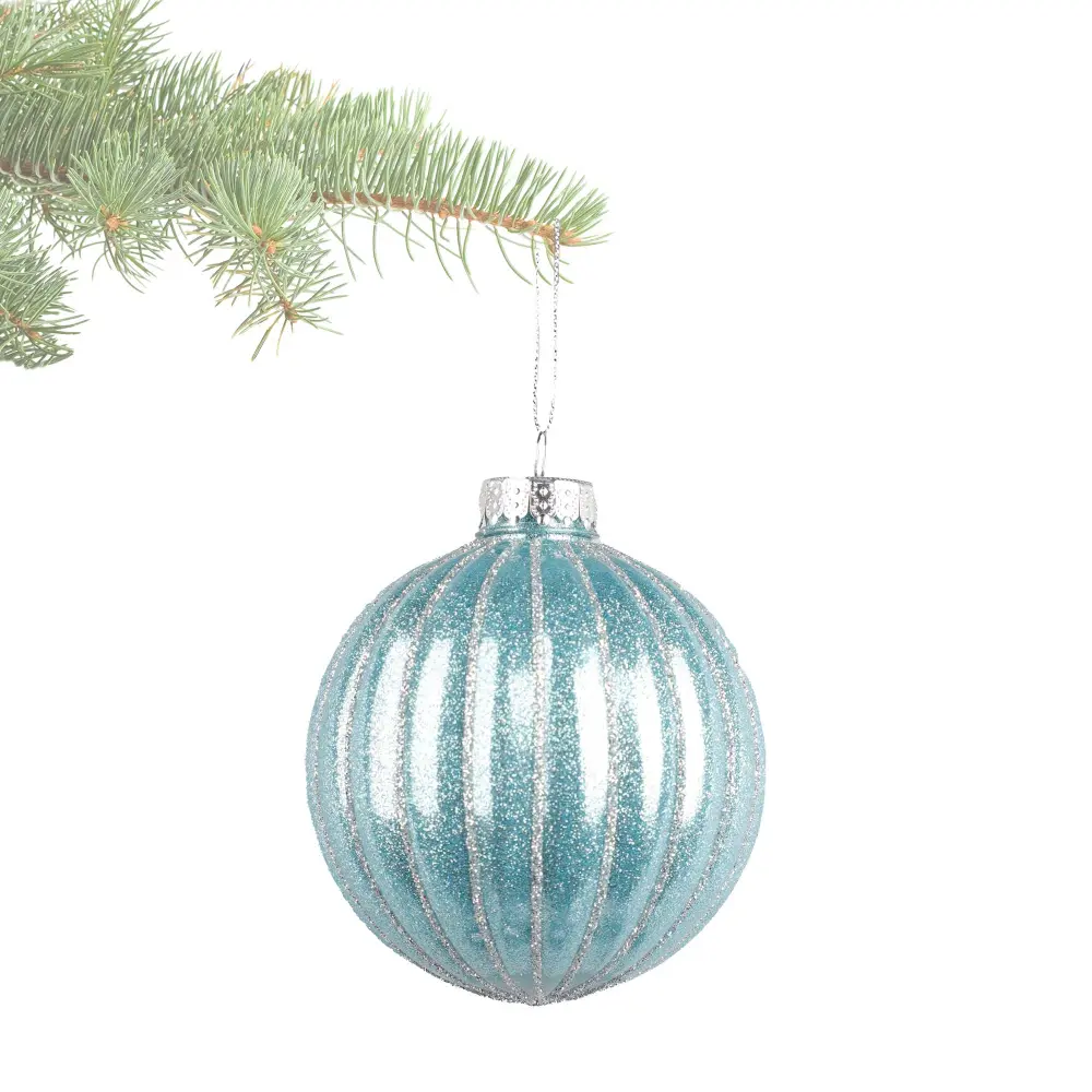 10 cm Blue Textured Ball Ornament Silver Shiny Lines