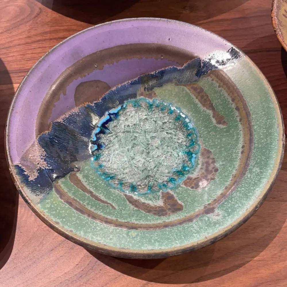 Flared 10" Bowl Glass Accents Purple & Olive